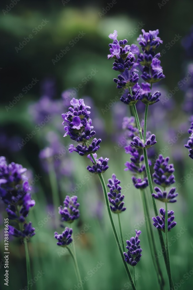 Obraz premium Purple lavender flowers on tall green stems blooming in a sunny garden. Concept Purple lavender in a sunny garden, Tall green stems, Blooming garden flowers, Lavender in sunlight
