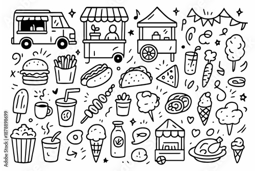 Hand-drawn doodle vector set of street food festival elements, illustrated in a fun, sketchy ink-pen style, isolated on white background
