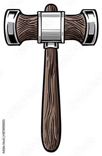 Classic wooden handle mallet or gavel tool with metal heads cartoon vector illustration