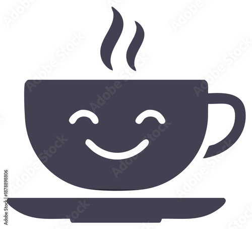 Happy cup of coffee with a smile and steam rising above. Flat, minimalist design.