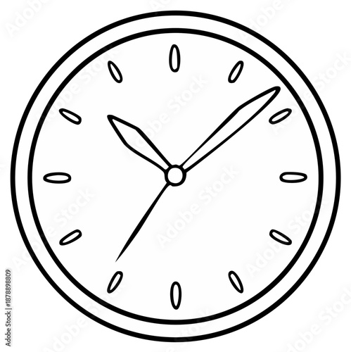 Illustration of round clock with hands indicating a time of day on dial with hour marks in outline style.