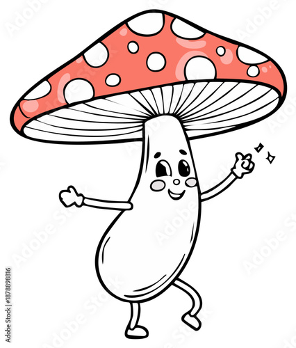 Happy Cartoon Mushroom Character with Red Spotted Cap, Outline Style Illustration