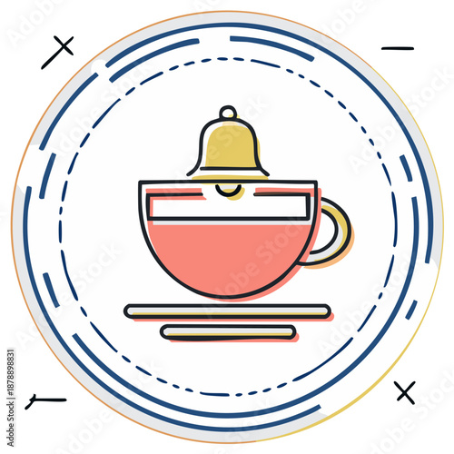 Alarm bell and teacup inside a circular frame, modern colorful illustration