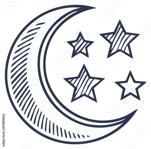 Hand Drawn Crescent Moon and Stars Icon Illustration for Night Sky and Celestial Themes