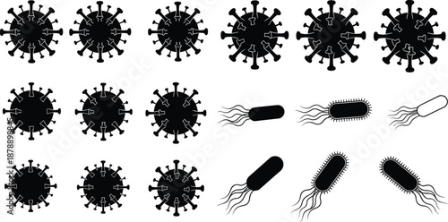 Virus and bacteria silhouettes collection, microbiology pathogen germ shapes vector illustration set for medical healthcare science design, black icons isolated on white