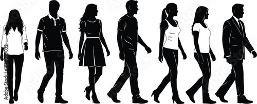 Walking people silhouettes collection, men and women side view poses, urban lifestyle motion, isolated black vector illustration set on white background daily life concept