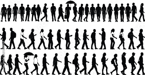 Walking people silhouette collection, men and women pedestrian crowd in motion, daily urban life concept, black vector illustration set isolatedWalking people silhouette collection, men and women 