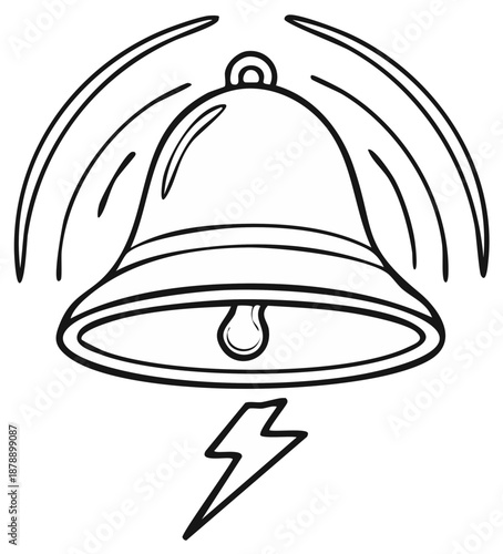Cartoon illustration of a ringing bell with sound waves and lightning symbol.