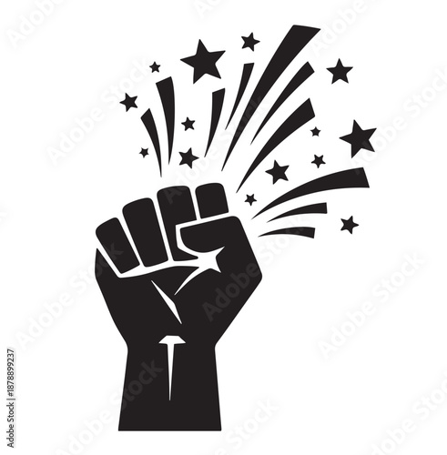 Bold Raised Fist Silhouette With Radiating Lines And Stars Representing Civil Rights Protest And Empowerment