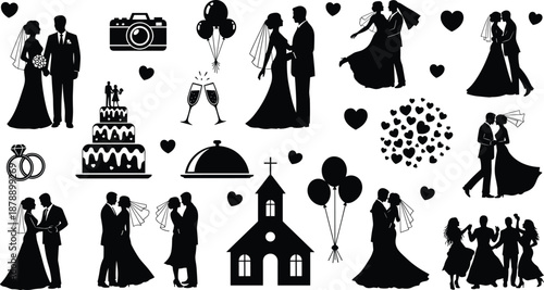 Wedding couple silhouette collection, bride groom poses, love hearts icons, ceremony symbols, black and white vector illustration set, design elements