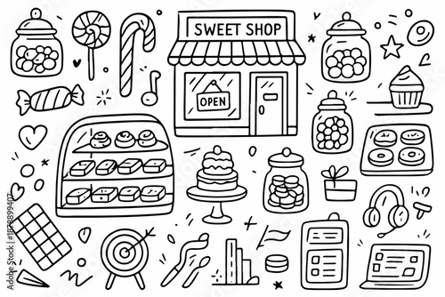 Hand-drawn doodle vector set of sweet shop display illustrations, drawn in a fun style, isolated on white background
