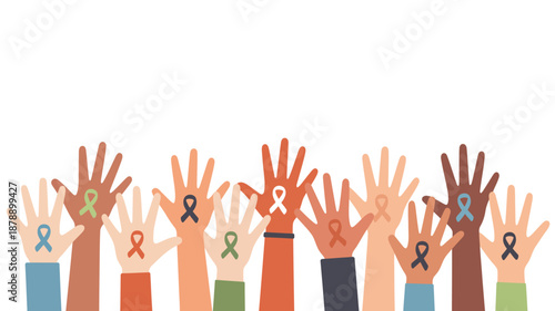 Hands raised in support with awareness ribbons Vector