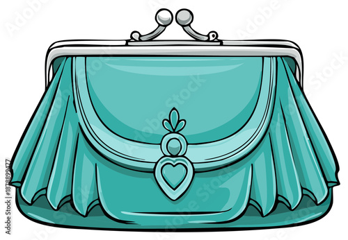 Elegant turquoise clutch bag with a silver frame and decorative heart shape, cartoon style