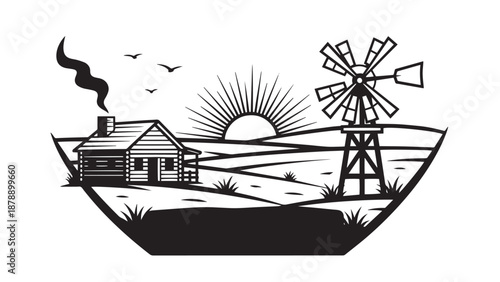 Line Emblem Of A Frontier Homestead With Cabin, Prairie And Windmill Evoking Kansas History And Rural Life