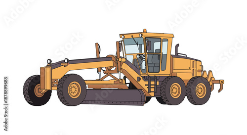 Grader machinery vehicle with large wheels and blade on white background