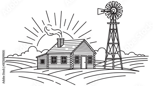 Line Art Illustration Of A Rustic Cabin Beside A Windmill With Sunrise Over Rolling Fields Evoking Rural Homestead Life And Farming Tranquility