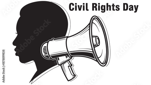 Black And White Silhouette Illustration Of A Protester Holding A Megaphone To Call For Civil Rights, Equality And Social Justice