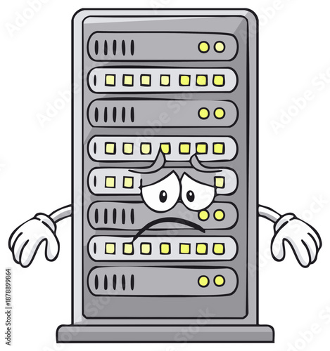 Sad cartoon server rack with worried face and arms gesturing for help
