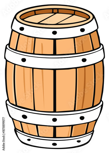 Wooden barrel illustration with white bands and black rivets used for beverages or storage isolated on white