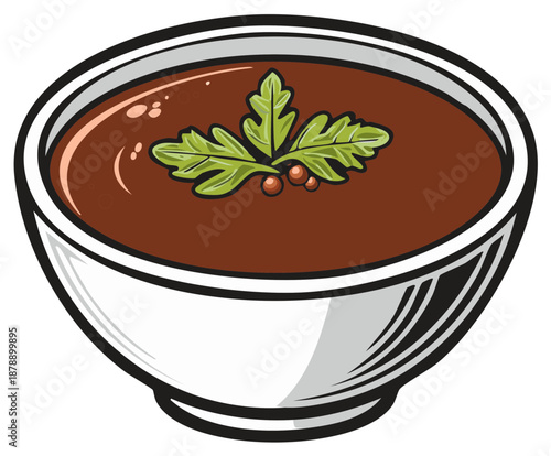 Bowl of soup with parsley garnish, vector illustration.