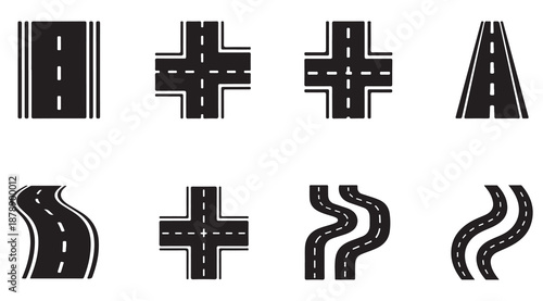Road map icons set with highway intersections and curved paths