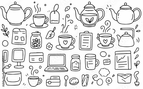 Hand-drawn doodle vector set of tea and teapot elements in a delicate art style, isolated on white background
