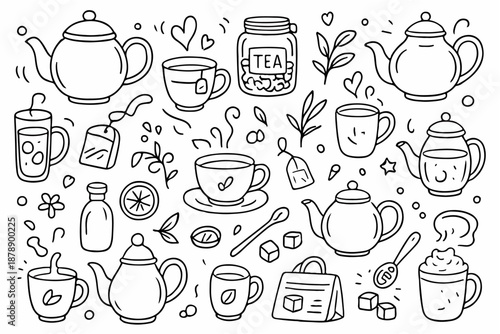 Hand-drawn doodle vector set of tea and teapot elements in a delicate style, isolated on white background
