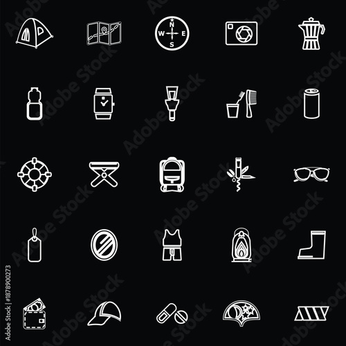 Camping necessary line icons on black background