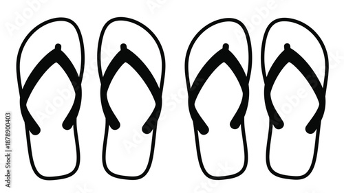 Four black and white flip flops arranged in a simple clean line