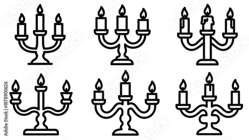 Line art illustration of various decorative candle holders and burning candles