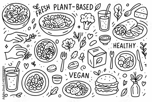 Hand-drawn doodle vector set of vegan restaurant icons in a fun style, isolated on white background
