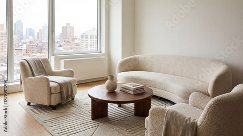 Cozy Minimalist Living Room with Soft Furnishings and City View Through Large Windows