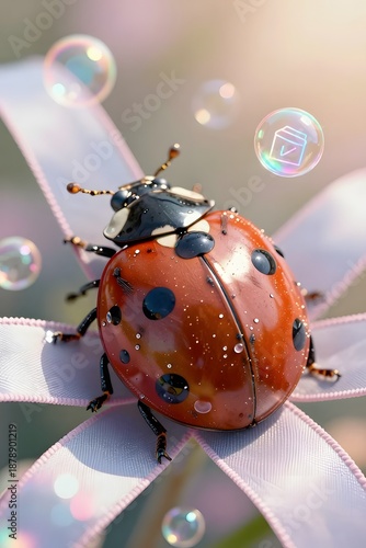 Close-Up of a Vibrant Ladybug Resting on a Delicate Flower with Soft Bubbles in Nature