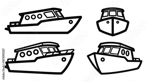 Simple black and white illustrations showcasing different views of small boats