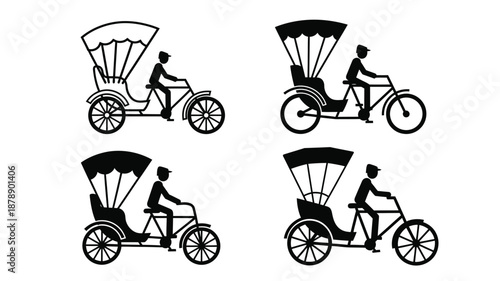 Black and white illustrations of traditional rickshaws and their drivers