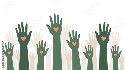 Illustration of raised hands with hearts, representing support and unity