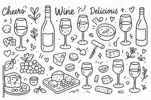 Hand-drawn doodle vector set of wine bottles, grapes, and cheese platters, isolated on white background
