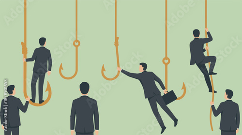 Businessmen on hooks: competition, opportunity, challenge, risk metaphor