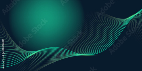 Abstract smooth green wavy lines on black and green background. Simple waves. Digital waves technology
