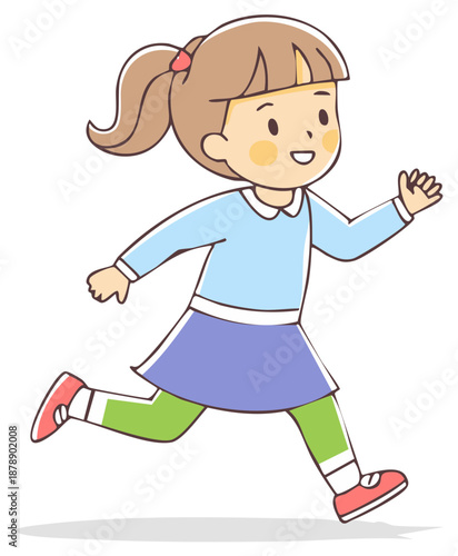 Happy little cartoon girl with a ponytail cheerfully running and smiling in colorful vibrant clothes.