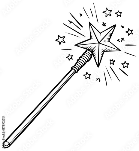 Hand-drawn magic wand casting sparkling stars, fairy dust swirls, cartoon illustration for enchanting spell-casting and whimsical adventures