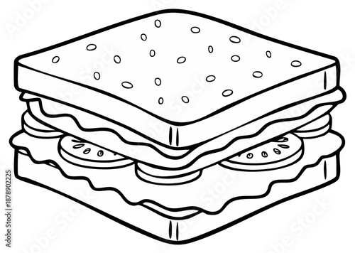 Black and white illustration of a delicious sandwich with tomato slices and lettuce