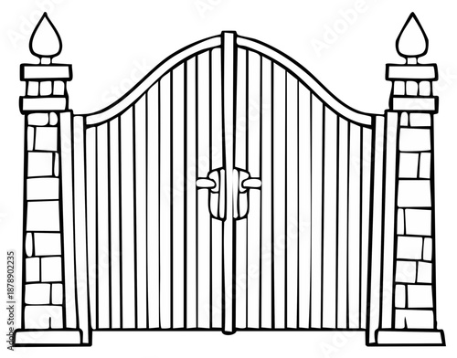 Illustration of a closed wrought iron gate with stone columns, suitable for coloring pages and outlines.