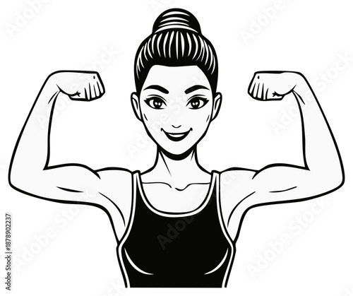 Strong smiling woman flexing arm muscles showing strength power and confidence cartoon illustration