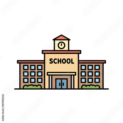 Colorful outline illustration of a charming school building with a clock tower, symbolizing education, knowledge, and the vital journey of academic growth and student development