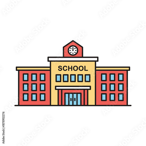 Vibrant cartoon illustration of a school building with a prominent clock tower, symbolizing education, knowledge, and diverse learning opportunities for students
