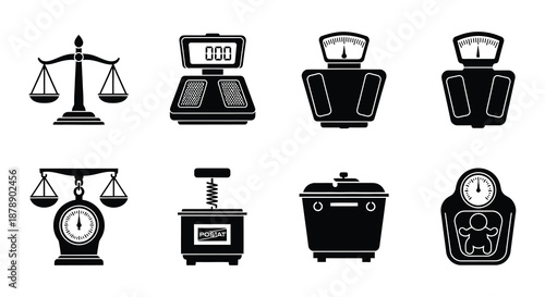 Variety of scale icons justice spring digital and other weighing devices