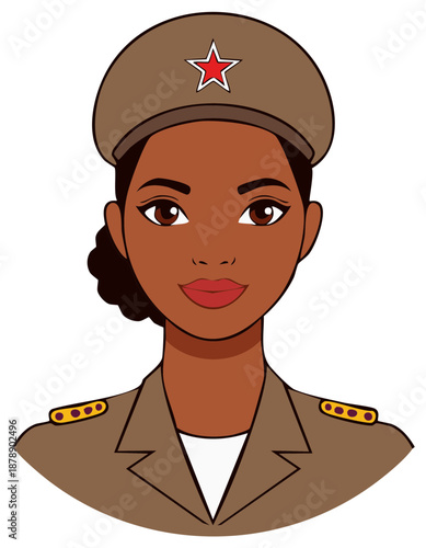 Woman in military uniform and cap with a red star emblem, illustration