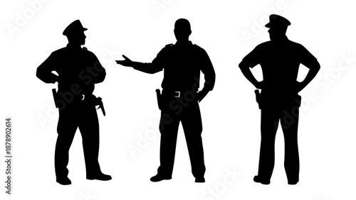 Silhouette of a police officer in uniform standing in a confident pose, hand on belt, law and order security concept vector