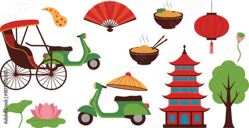 Chinese Culture Icon Set with Rickshaw, Scooter, Pagoda, Lantern, Noodles, Fan, Lotus, and Traditional Travel Symbols